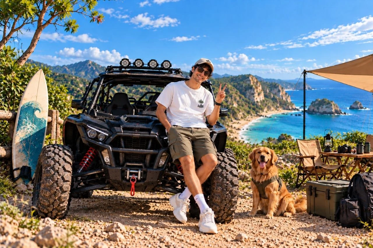 The original photo: a man leaning on a black off-road buggy beside a golden retriever, with a camp and the sea behind