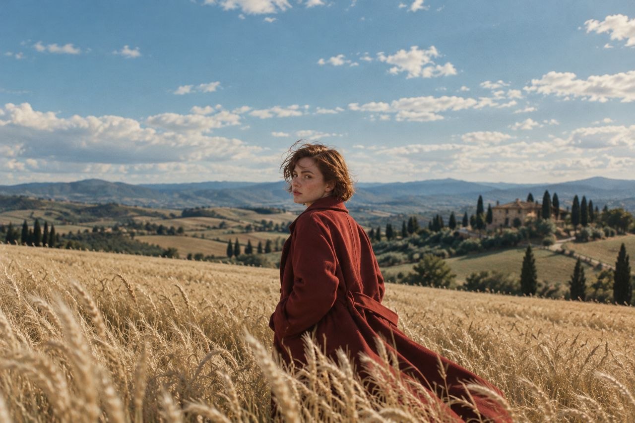 A woman in a red coat looking back across a golden wheat field with Tuscan hills behind her